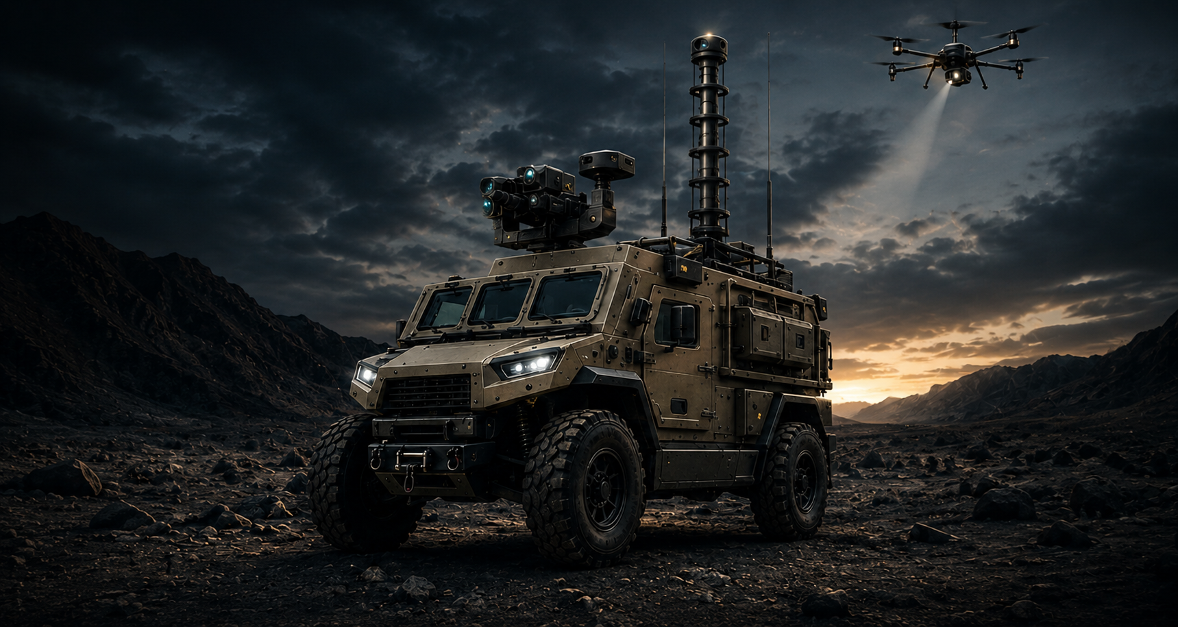 Tactical ground platform at dusk with mast-mounted sensor pod, retractable comms mast, and an escorting UAS overhead